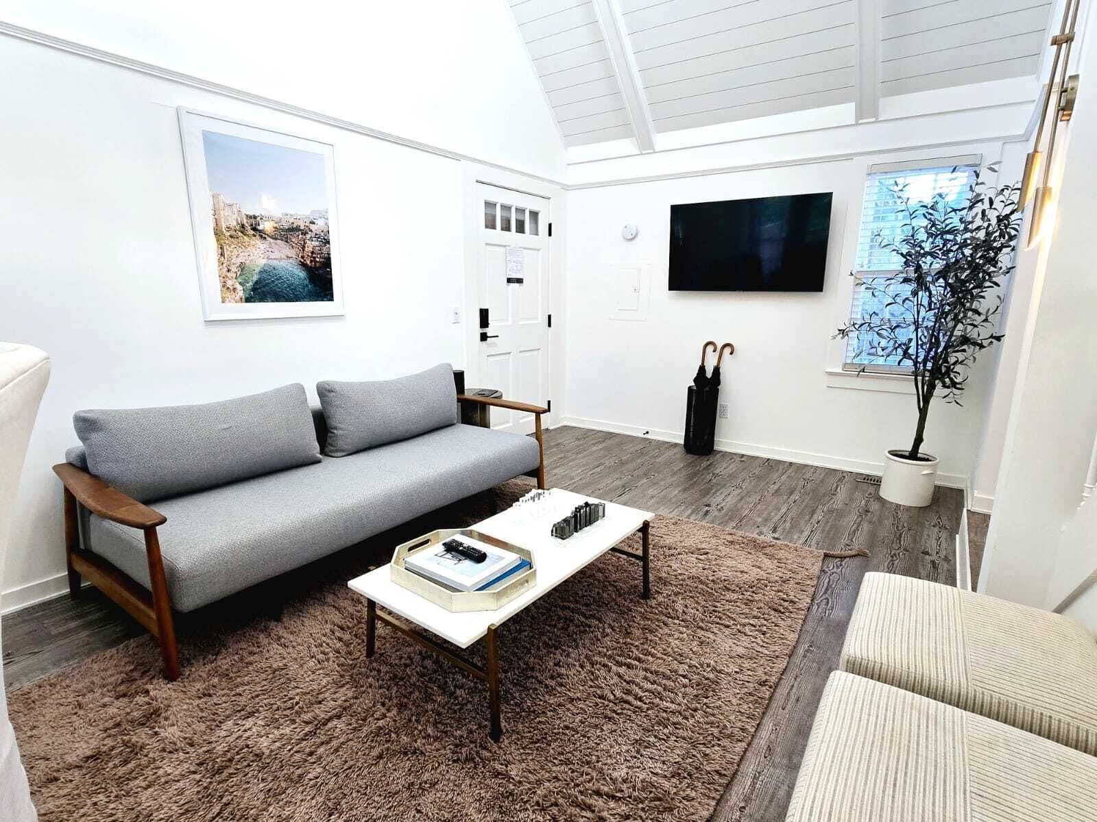 A living room with a grey sofa, a coffee table with books, a TV, and a potted plant.