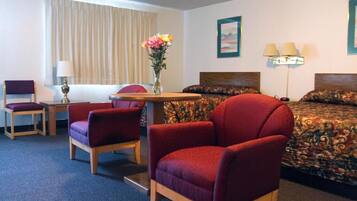 Desk, laptop workspace, blackout drapes, soundproofing