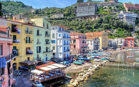 A coastal town with colorful buildings, a marina with boats, and a hillside with buildings.