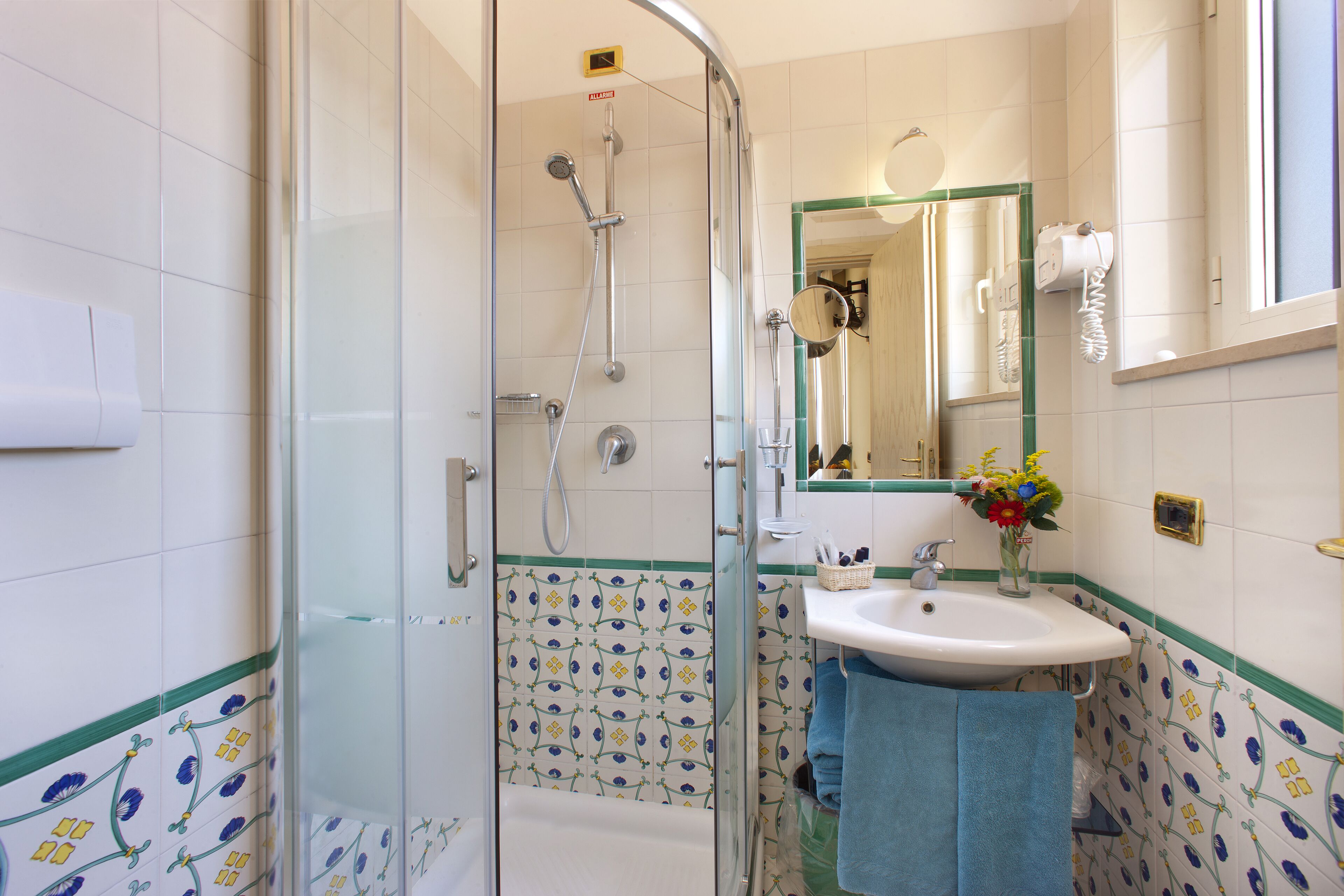 shower, free toiletries, hair dryer, towels