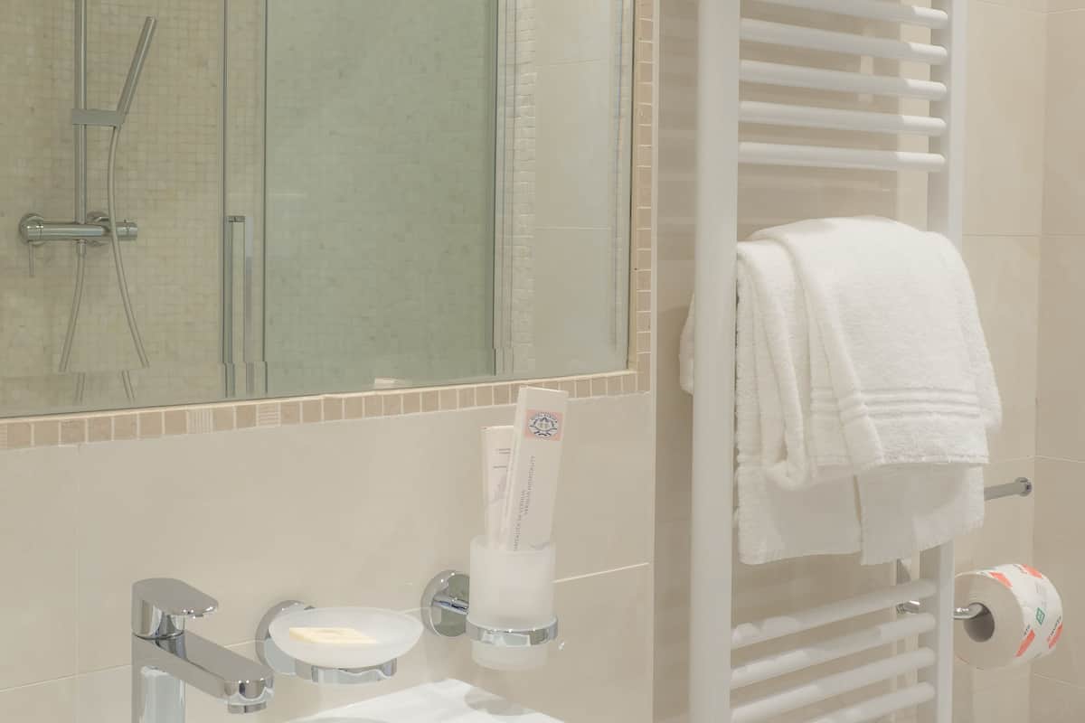 free toiletries, hair dryer, towels