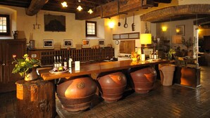 Un rústico espacio de bar con vigas de madera, una barra alargada y grandes macetas de cerámica.