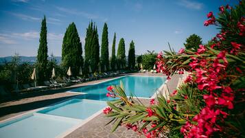 2 outdoor pools, open 8:00 AM to 8:00 PM, pool umbrellas, pool loungers