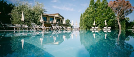 2 outdoor pools, open 8:00 AM to 8:00 PM, pool umbrellas, pool loungers