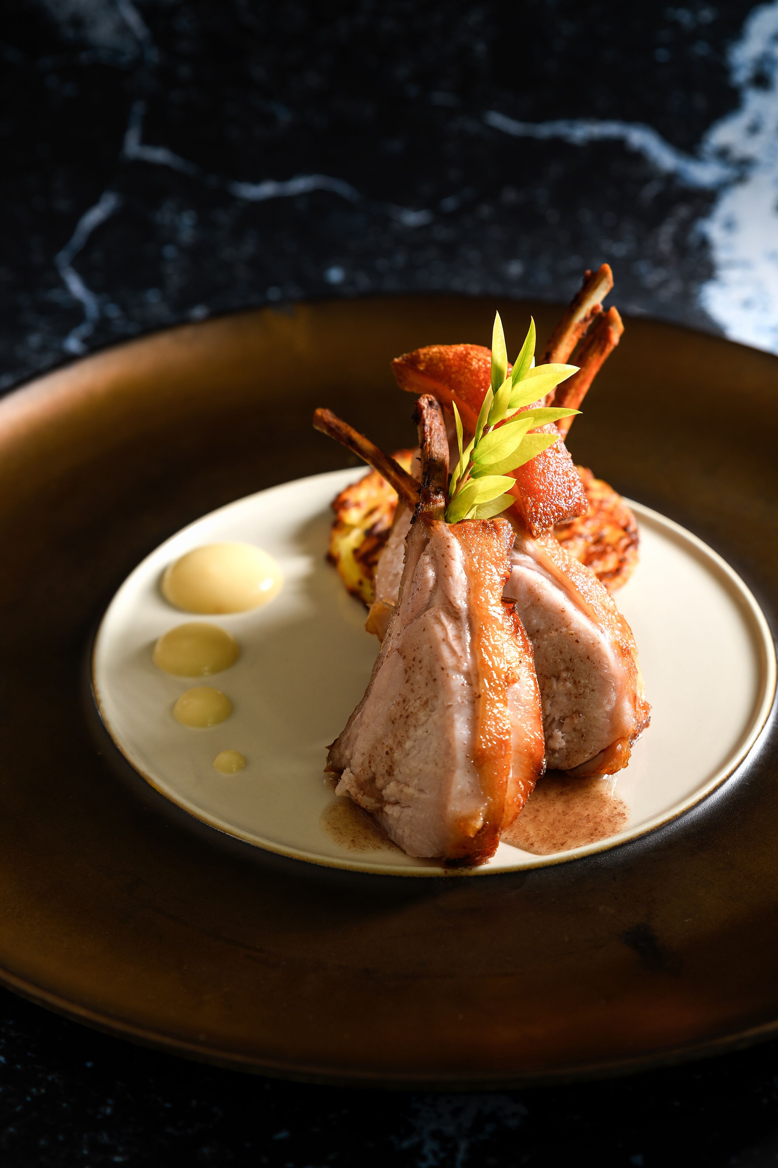 A plate with duck breast, garnished with herbs and a sauce.