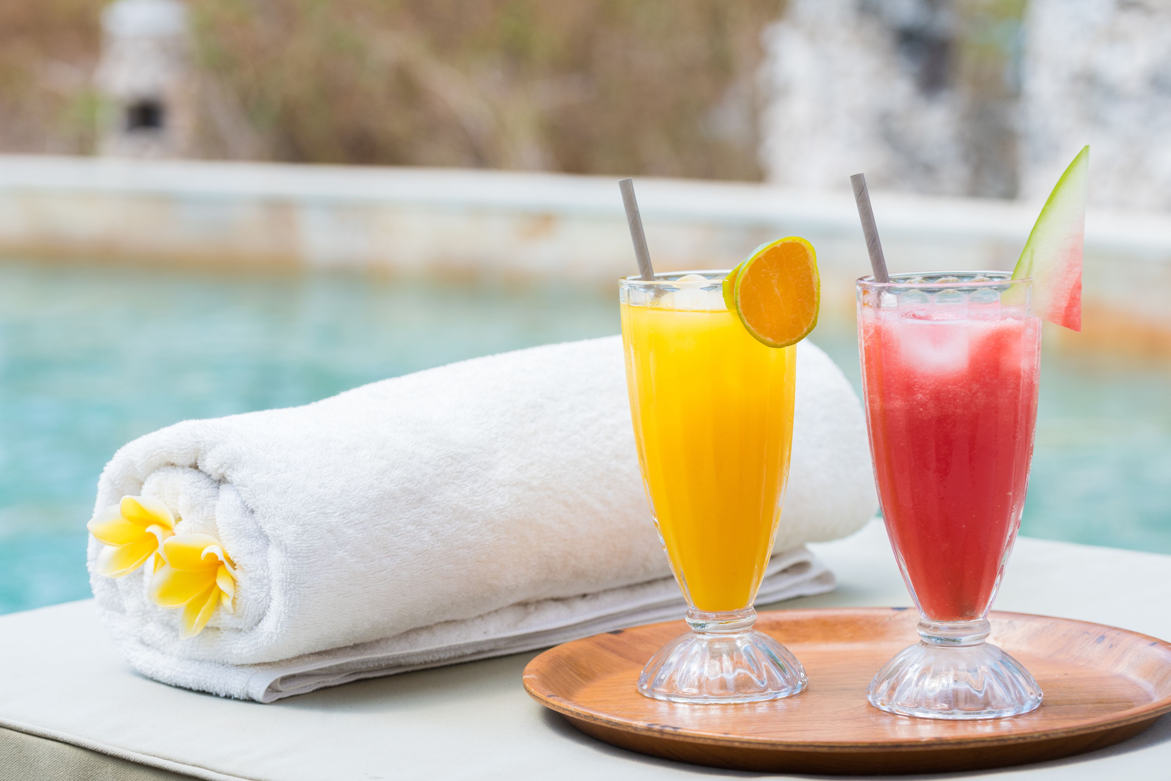 outdoor pool, pool loungers