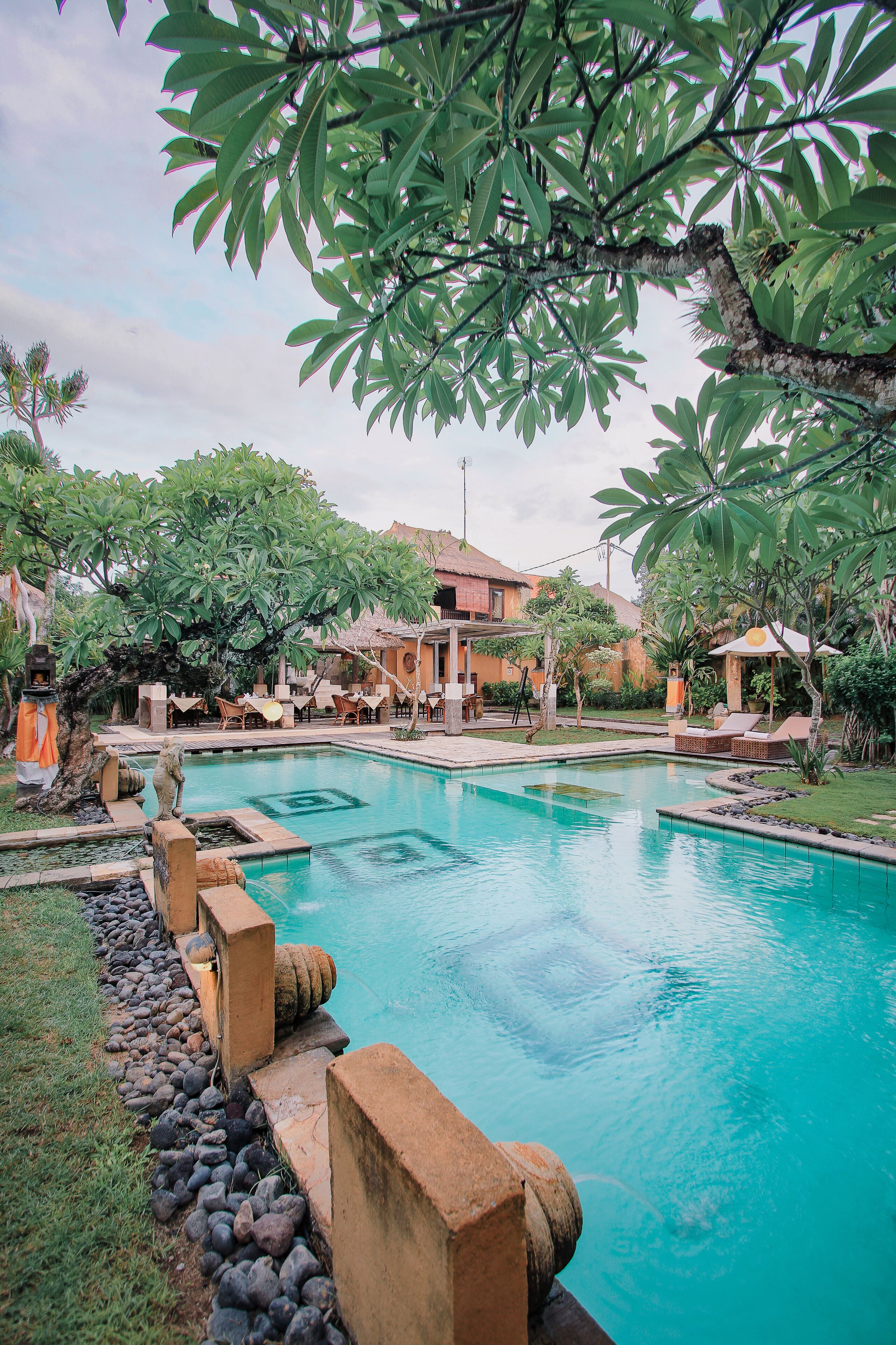 outdoor pool, pool umbrellas, pool loungers