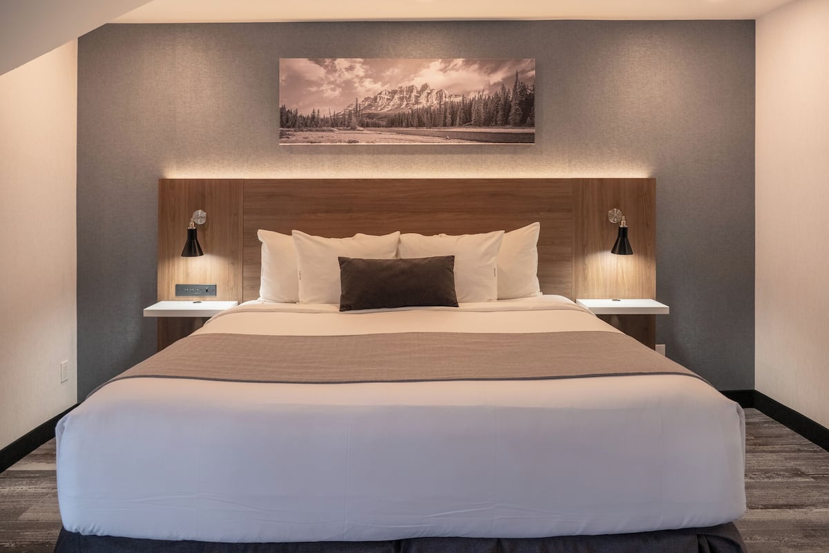 Una habitación de hotel moderna con una cama grande, dos mesitas de noche con lámparas, un cabecero de madera y un cuadro enmarcado en la pared.