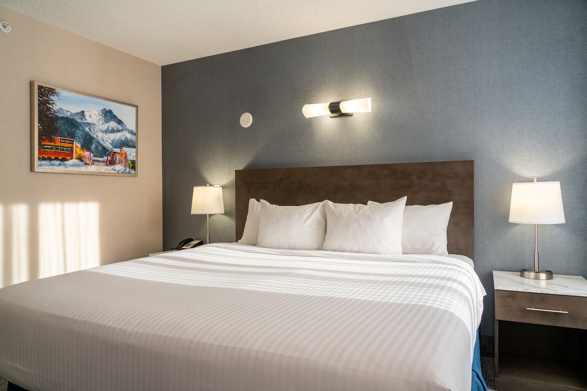 Habitación de hotel con una cama grande, dos lámparas de noche, una mesita de noche, un cuadro en la pared y una lámpara fijada a la pared.