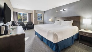 A hotel room with a large bed, a desk with a chair, a TV, and a window with a view of trees and a house.
