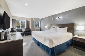 A hotel room with a large bed, a desk with a chair, a TV, and a window with a view of trees and a house.
