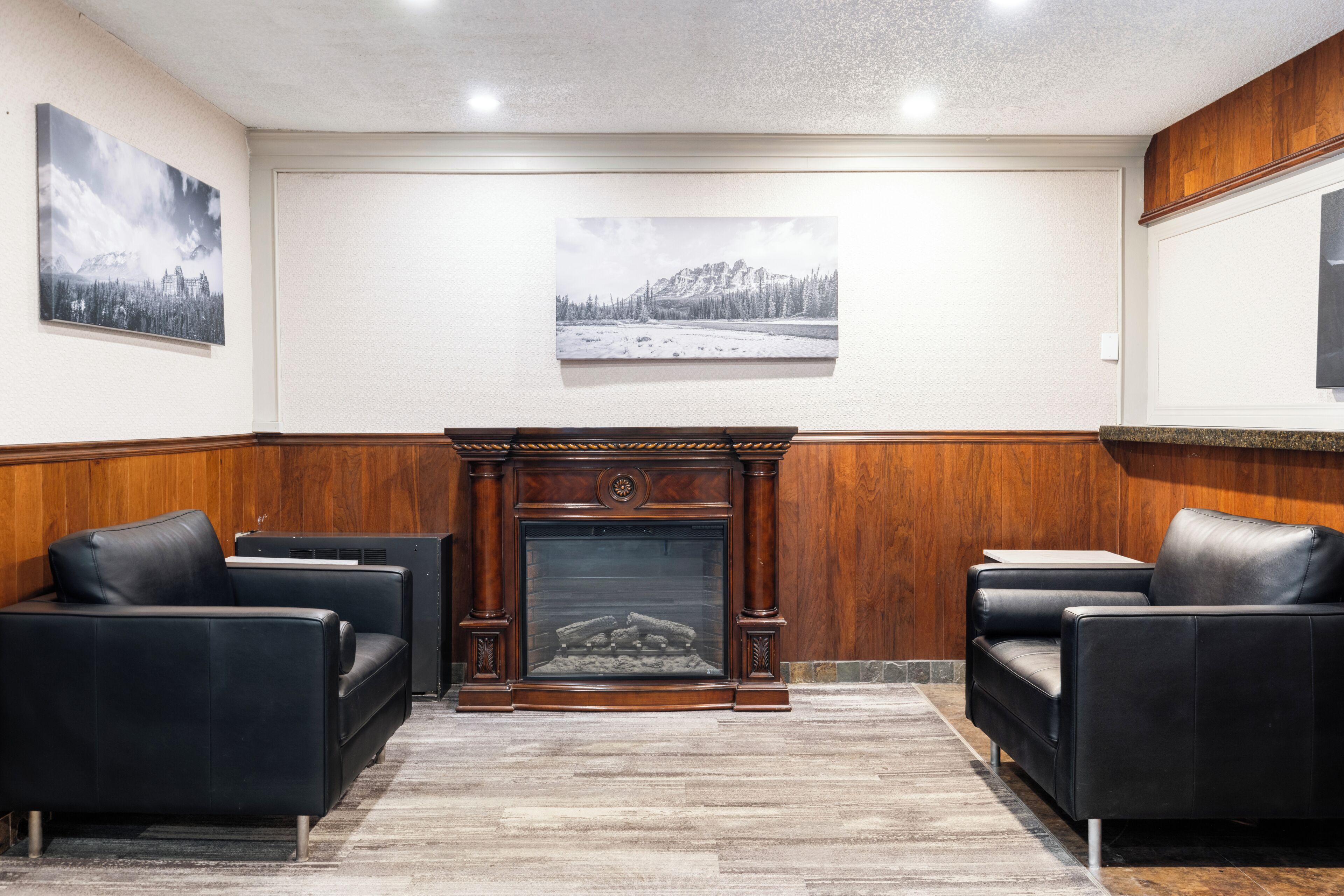 Une pièce avec une cheminée, deux canapés en cuir et deux tableaux accrochés au mur.