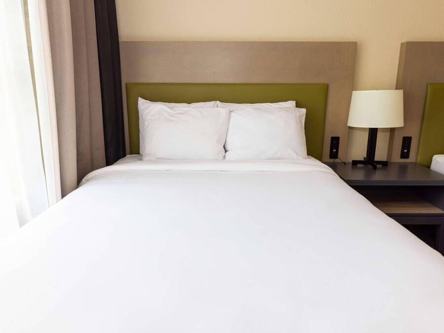 A hotel room with a large bed, two bedside tables, a lamp, and a window with curtains.