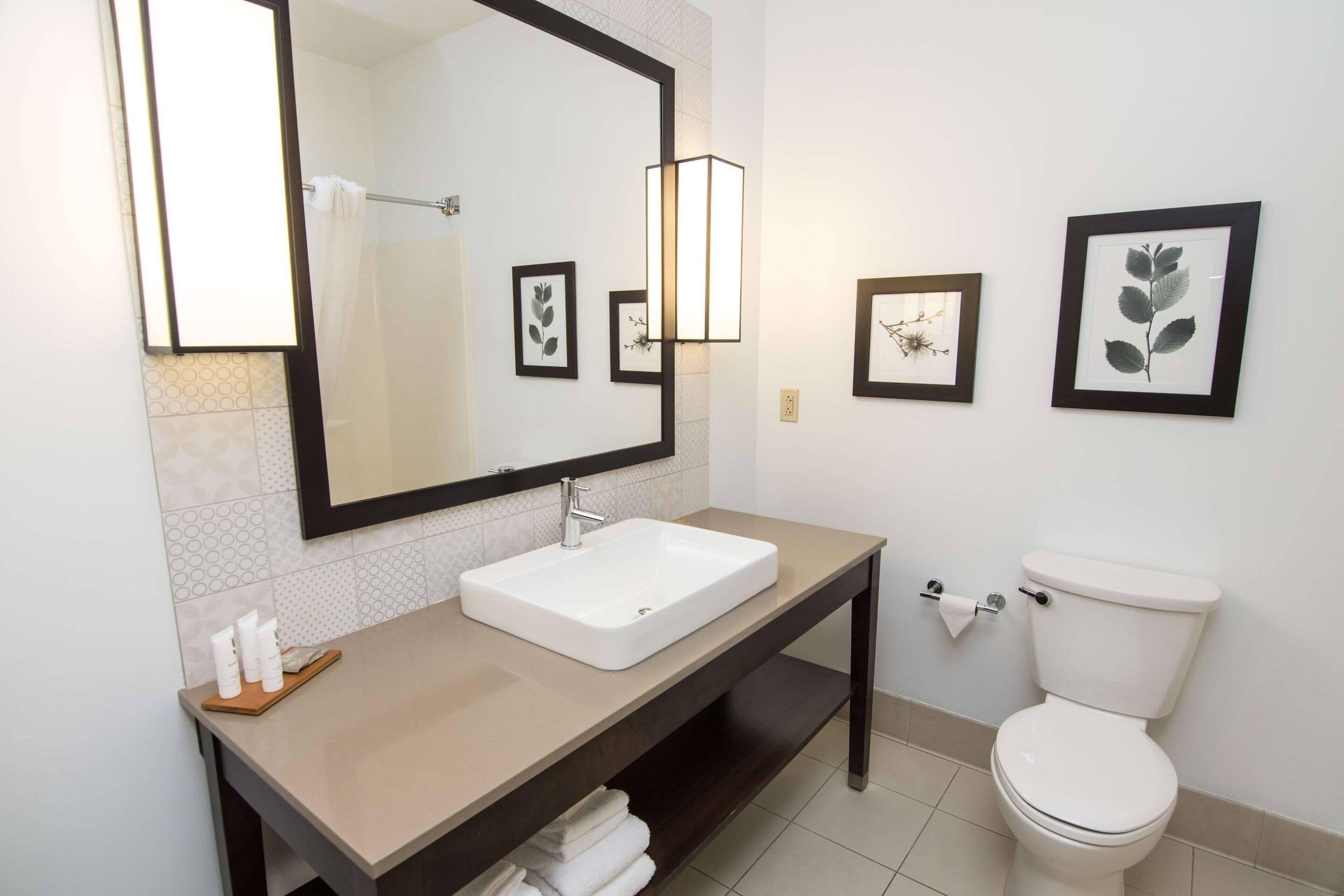 A modern bathroom with a large mirror, white sink, and toilet. There are framed botanical prints on the wall.