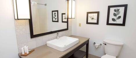 A modern bathroom with a large mirror, white sink, and toilet. There are framed botanical prints on the wall.