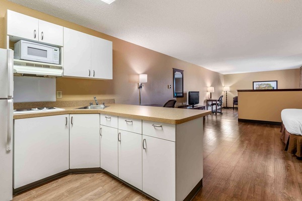 Fridge, microwave, stovetop, coffee/tea maker