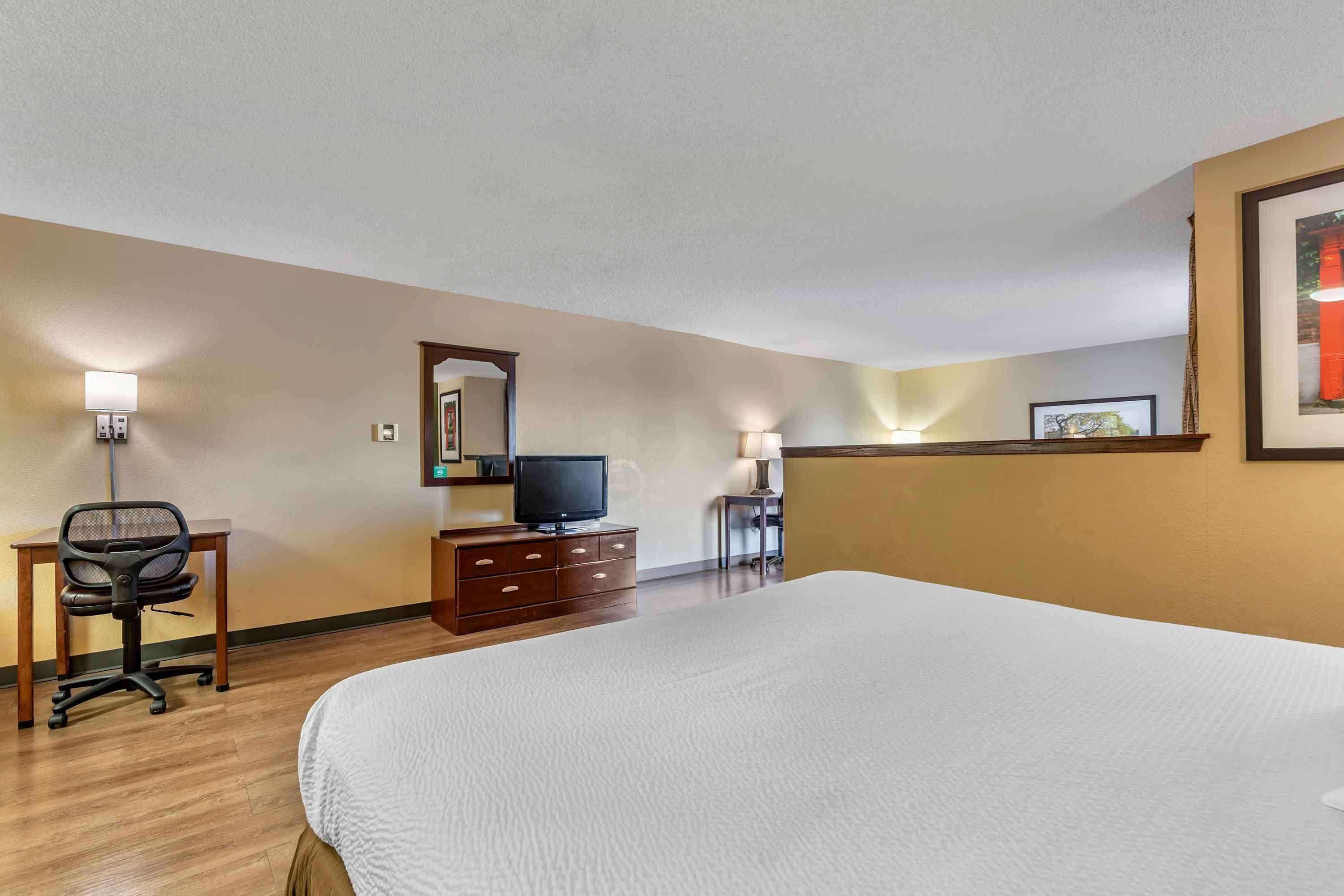 A hotel room with a large bed, a desk with a chair, a television, a dresser, and a framed picture on the wall.