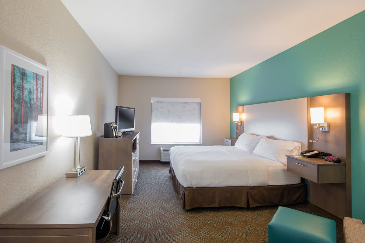 Een hotelkamer met een bed, bureau, televisie en een schilderij aan de muur.