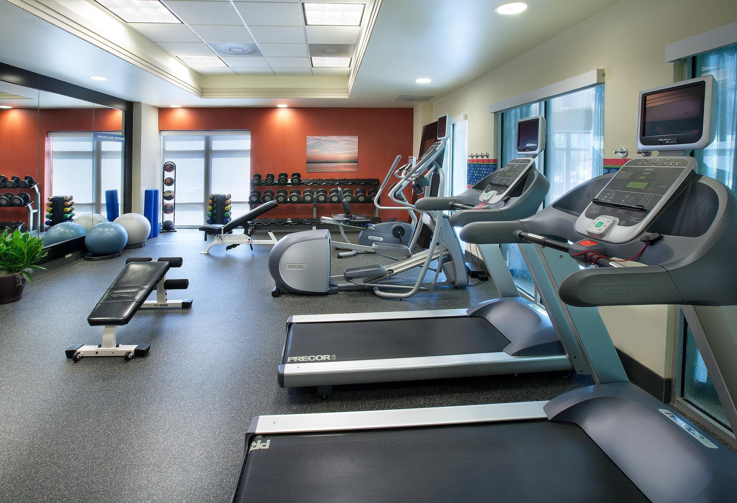 A gym with treadmills, elliptical machines, and free weights.