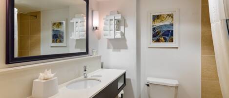 A bathroom with a large mirror, a sink, a toilet, and two framed pictures on the wall.