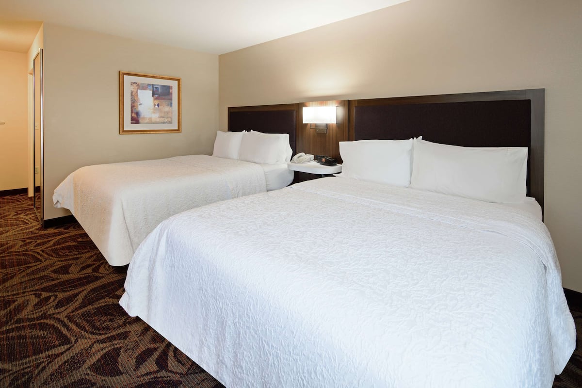 A hotel room with two beds, a carpeted floor, a framed picture on the wall, and a nightstand with a lamp.