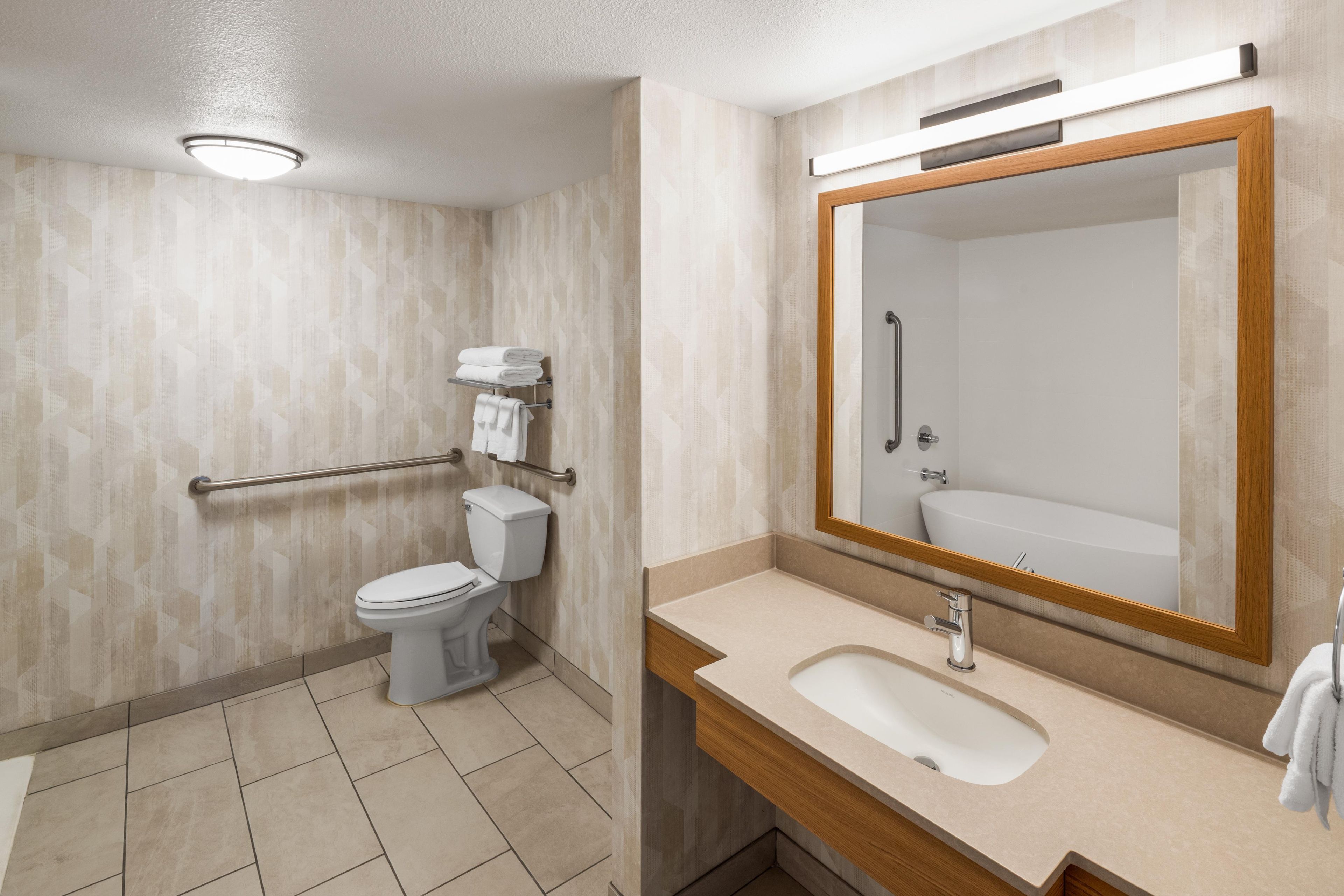A bathroom with a toilet, sink, and mirror.
