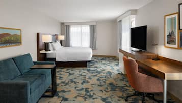 A hotel room with a bed, a desk, a television, a chair, and a couch.