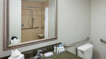 A bathroom with a large mirror, a sink, a toilet, and a shower area.