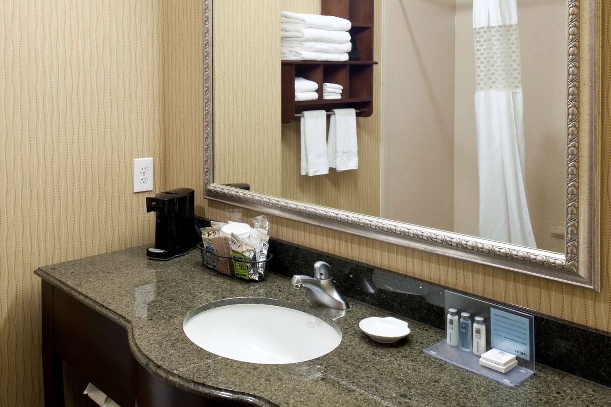 combined shower/bathtub, free toiletries, hair dryer, towels