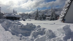Un paysage enneigé avec un bâtiment recouvert de neige, entouré d’arbres également couverts de neige et sous un ciel dégagé.