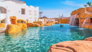 Outdoor pool, pool umbrellas, pool loungers