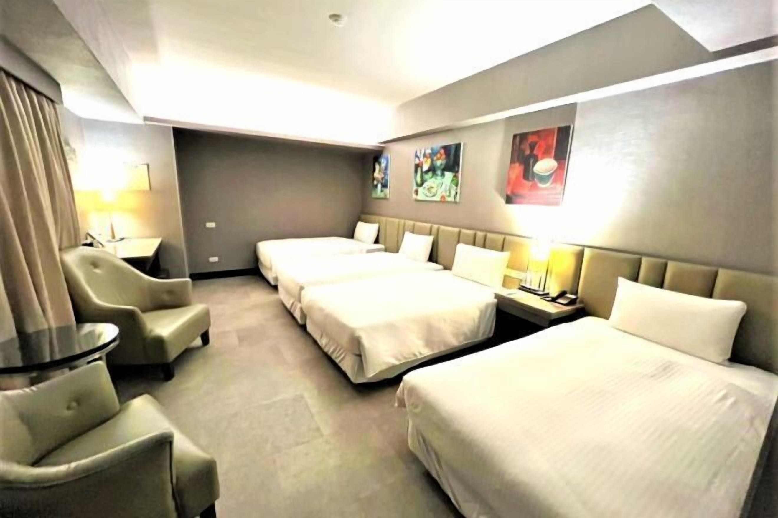 Down comforters, desk, blackout drapes, soundproofing