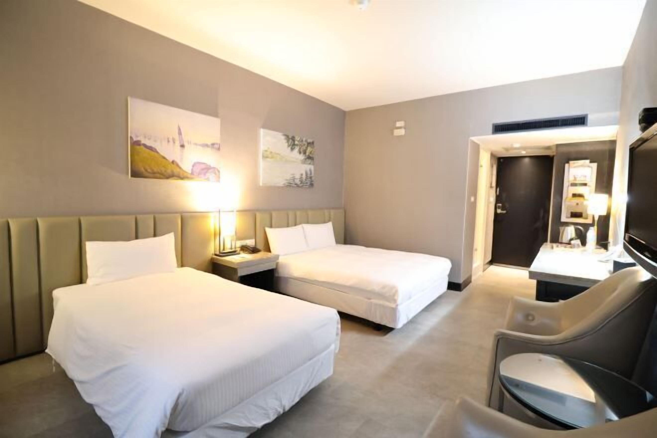 Down comforters, desk, blackout drapes, soundproofing