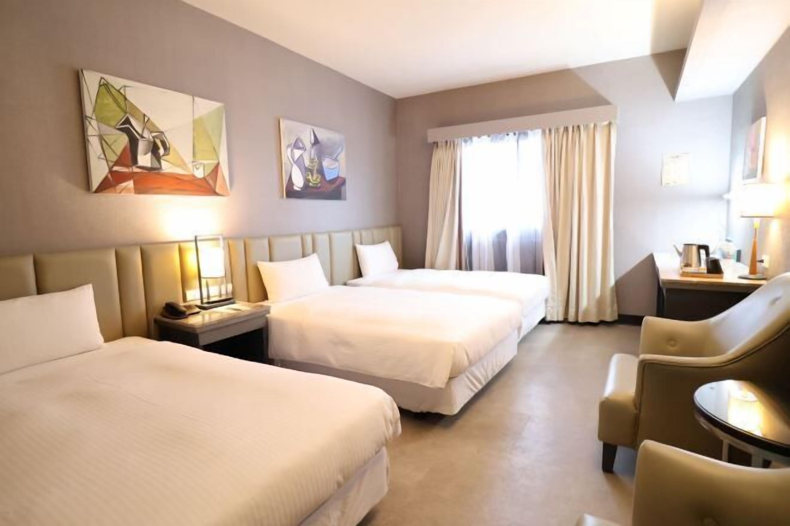 Down comforters, desk, blackout drapes, soundproofing