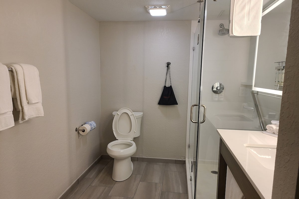 Ein Badezimmer mit Toilette, einer Duschkabine aus Glas und einem Waschbecken mit Spiegel.