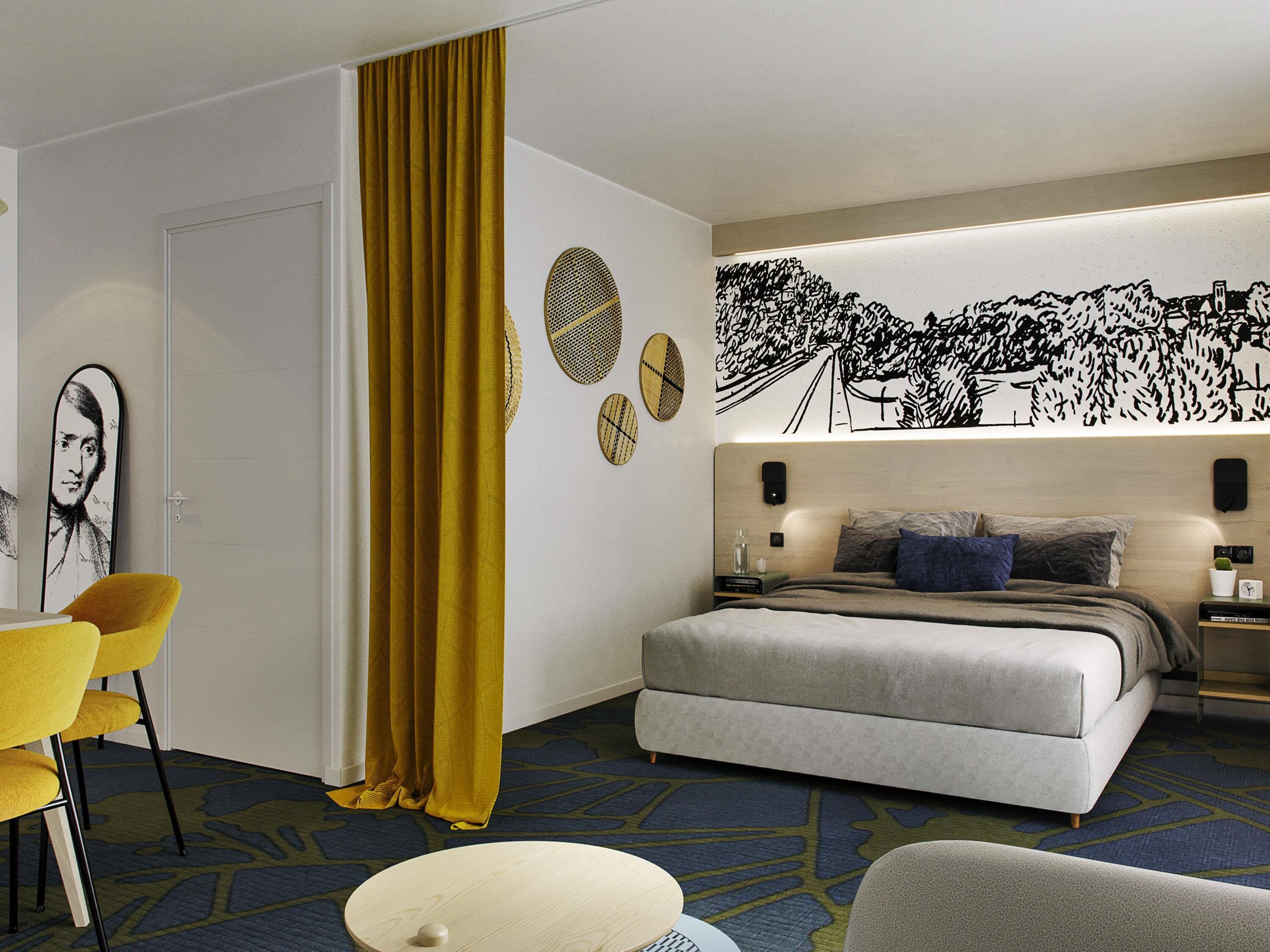Una habitación de hotel con una cama, un escritorio, una silla y un mural grande en la pared.