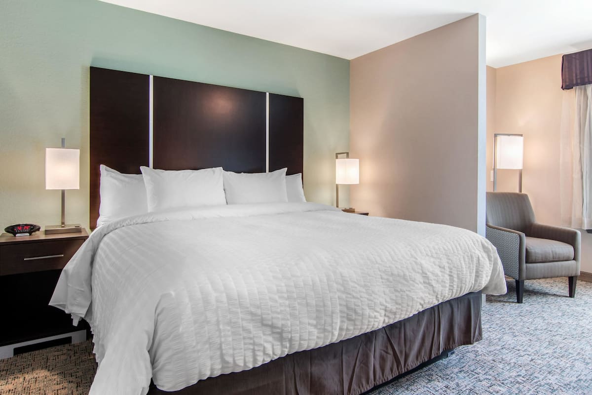 Una habitación de hotel con una cama grande, dos mesitas de noche, una silla y dos lámparas.