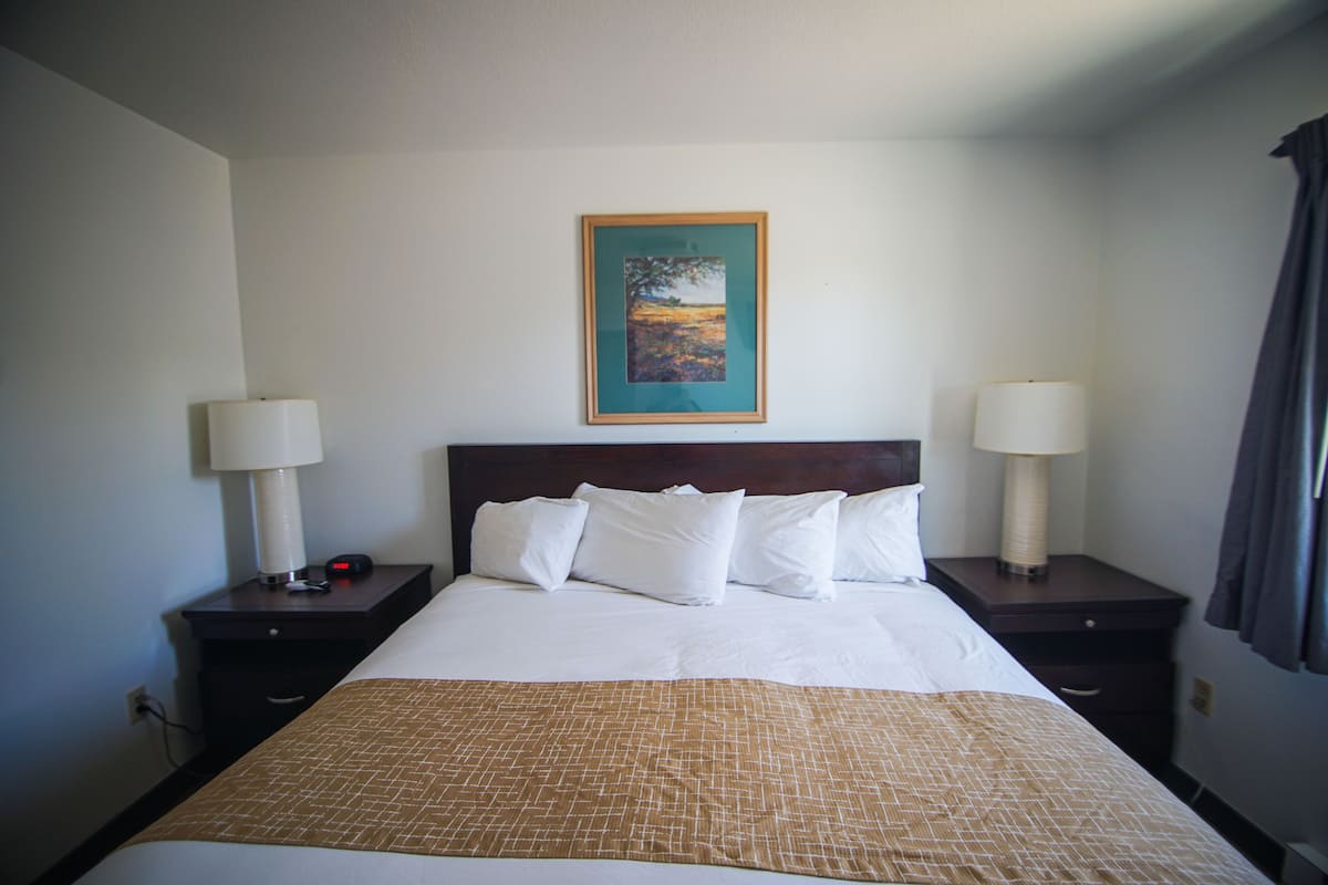 A hotel room with a large bed, two bedside tables with lamps, a framed picture on the wall, and a window with curtains.