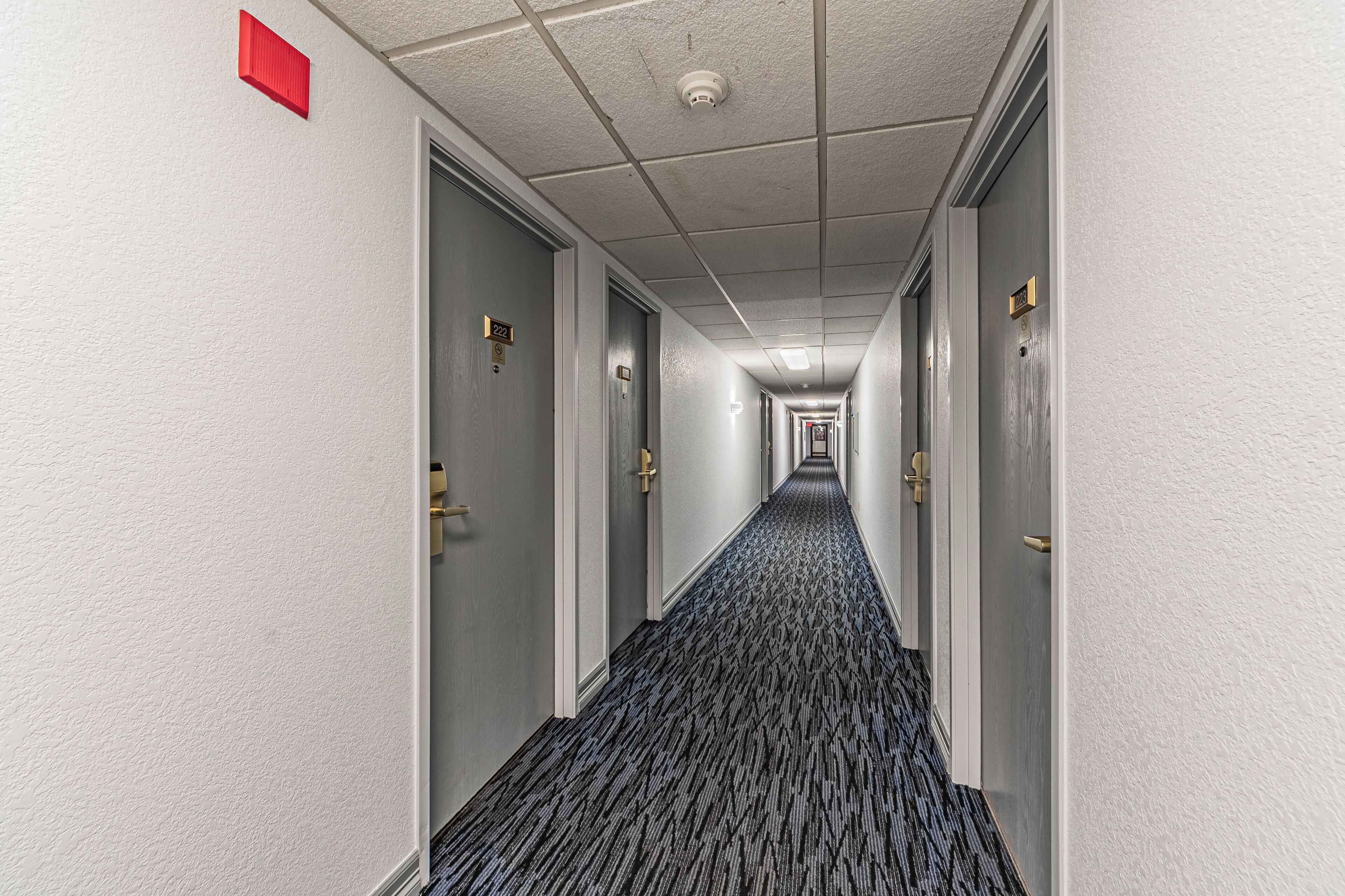 Een hotelgangen met deuren aan beide kanten, een kamerbreed tapijt met dessin en een rookmelder in het plafond.