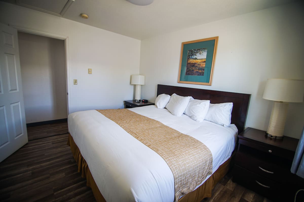 A hotel room with a large bed, a nightstand with a lamp, a wooden floor, and a painting on the wall.