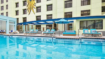 Outdoor pool, open 8:00 AM to 8:00 PM, sun loungers