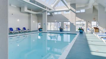 Indoor pool, a heated pool, sun loungers