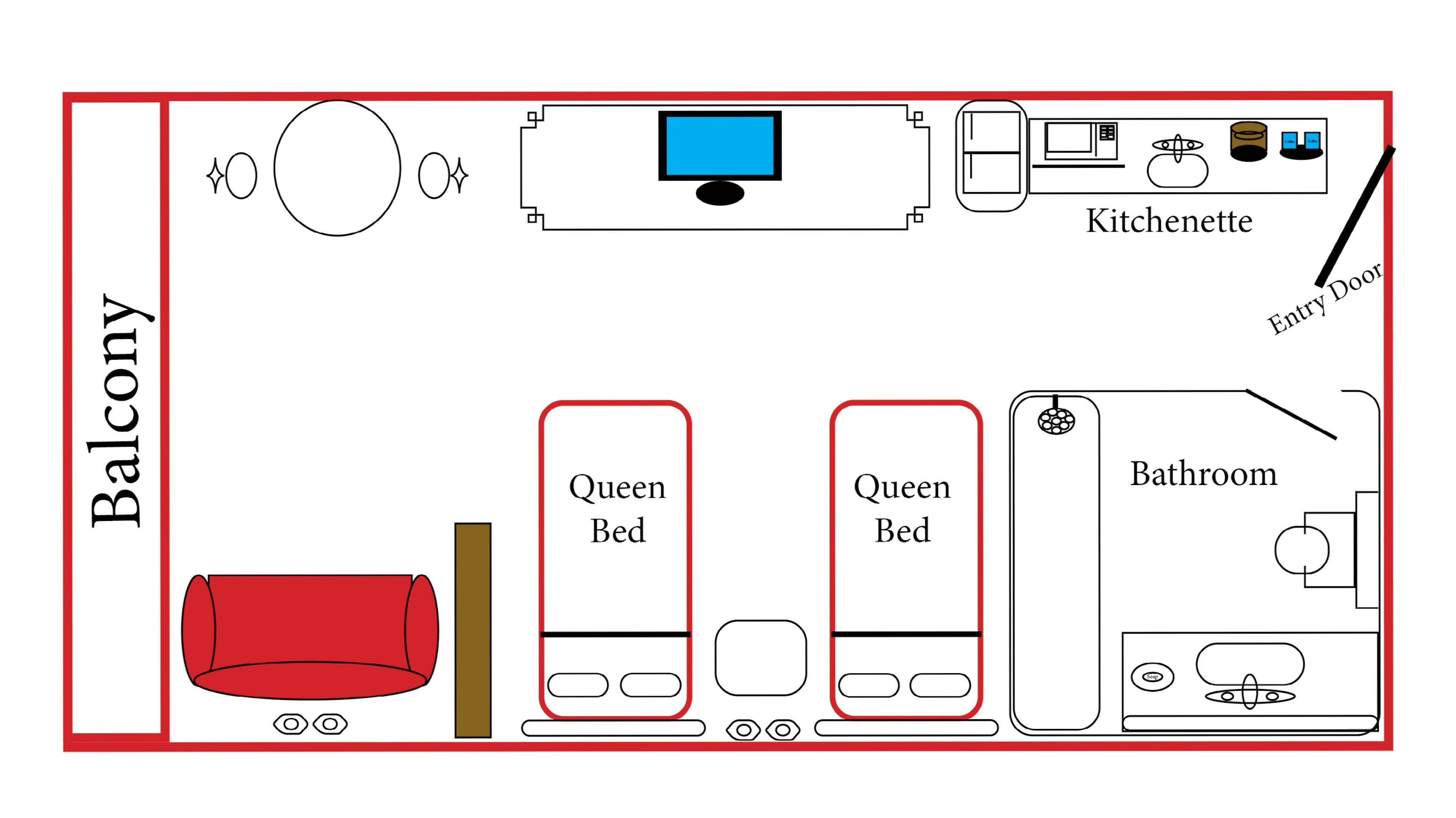 A hotel room layout with a balcony, two queen beds, a kitchenette, and a bathroom.