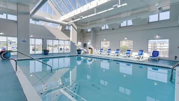 Indoor pool, a heated pool, pool loungers