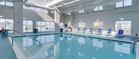 Indoor pool, a heated pool, sun loungers