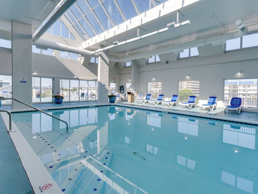 Indoor pool, a heated pool, pool loungers