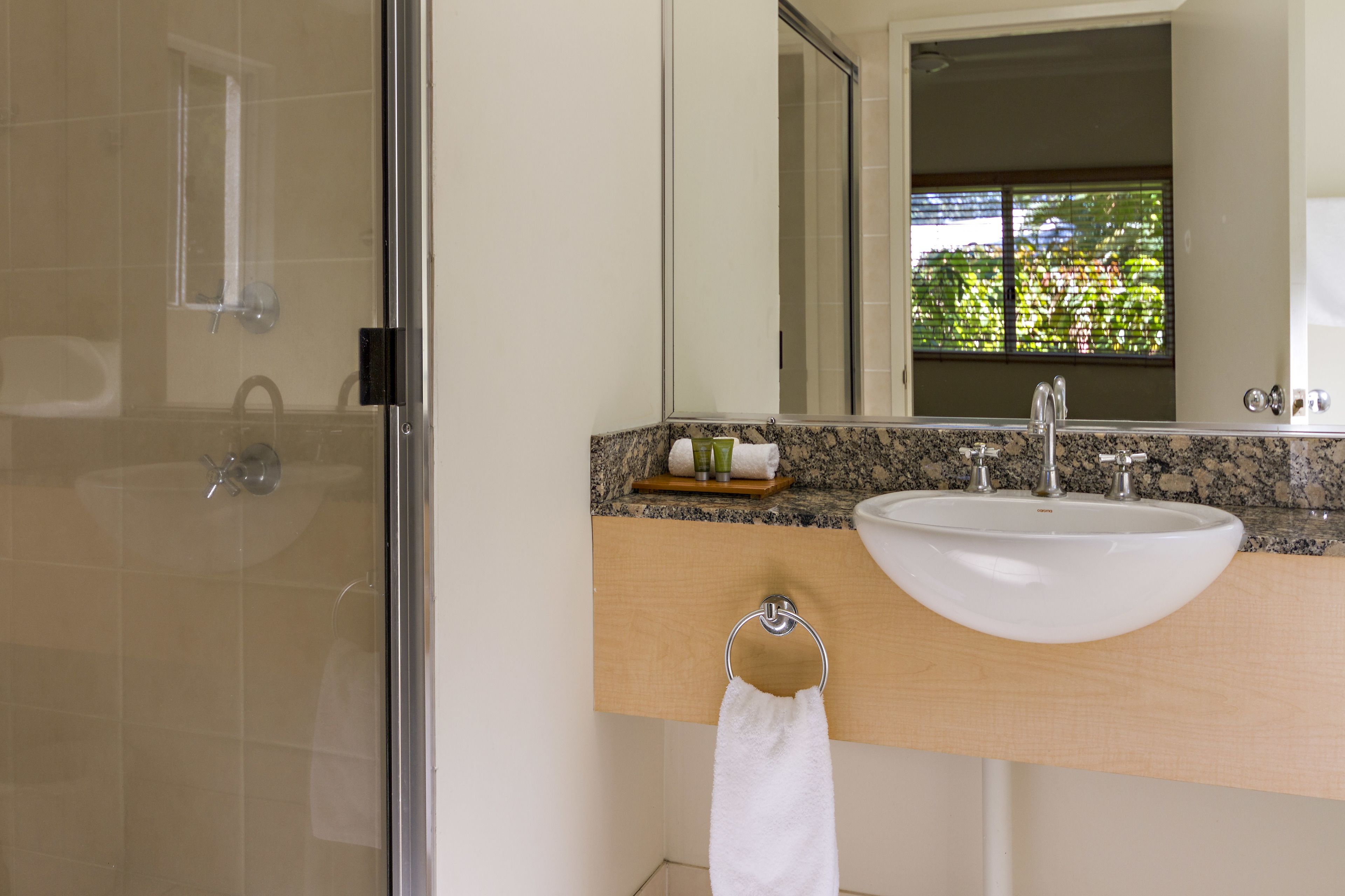 Shower, free toiletries, towels