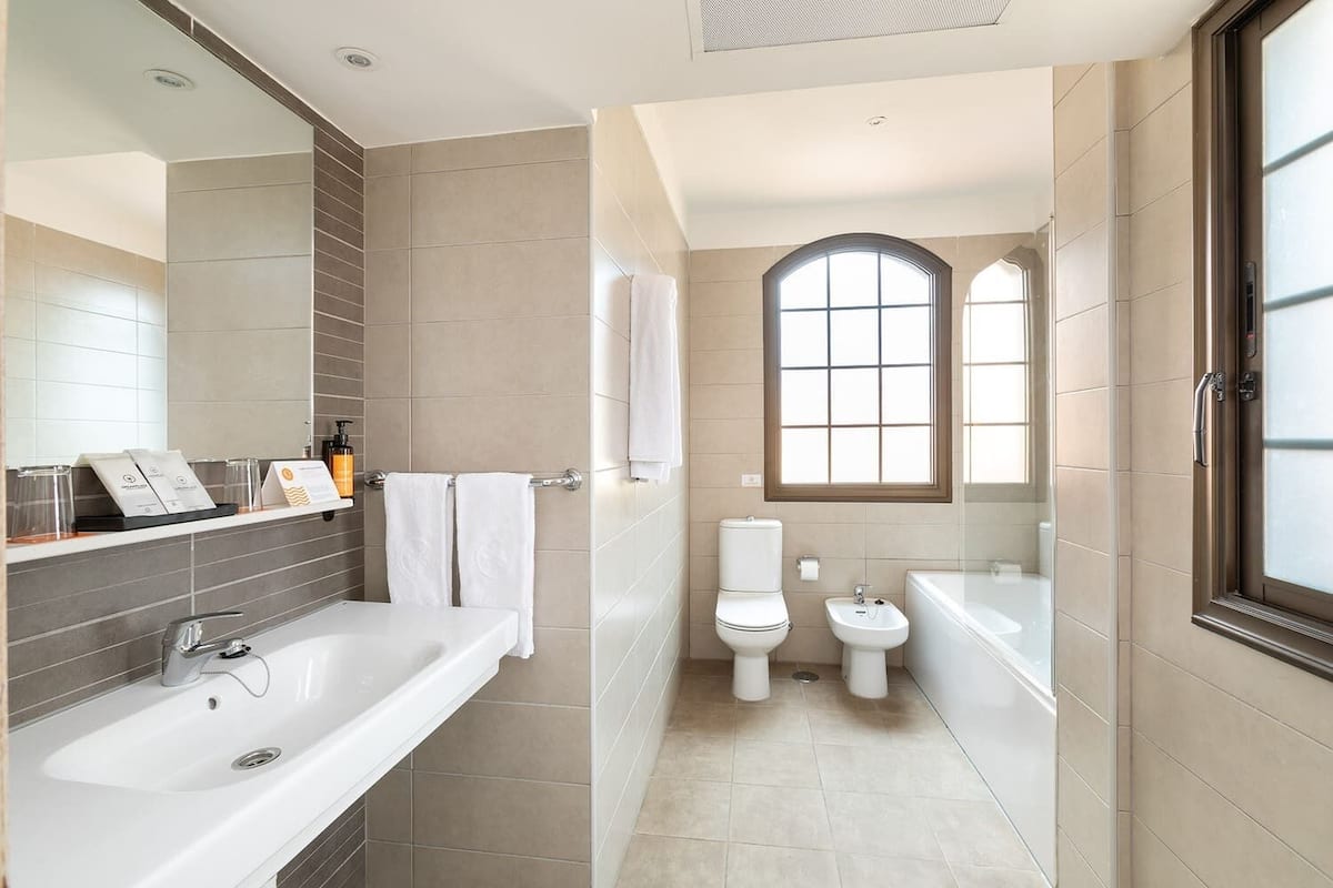 free toiletries, hair dryer, bidet, towels