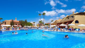 2 outdoor pools, open 9:30 AM to 6 PM, pool umbrellas, pool loungers