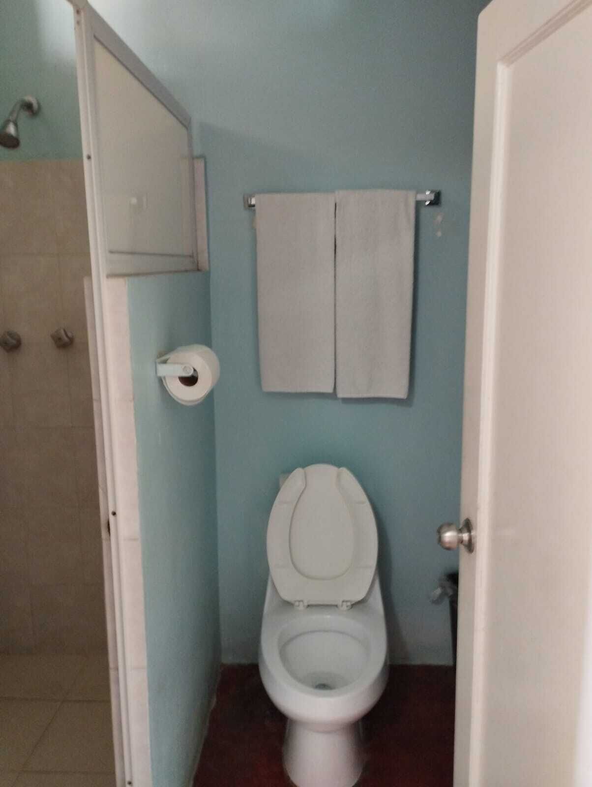 Un bagno piccolo con un water, un porta asciugamani con due asciugamani e un porta carta igienica.